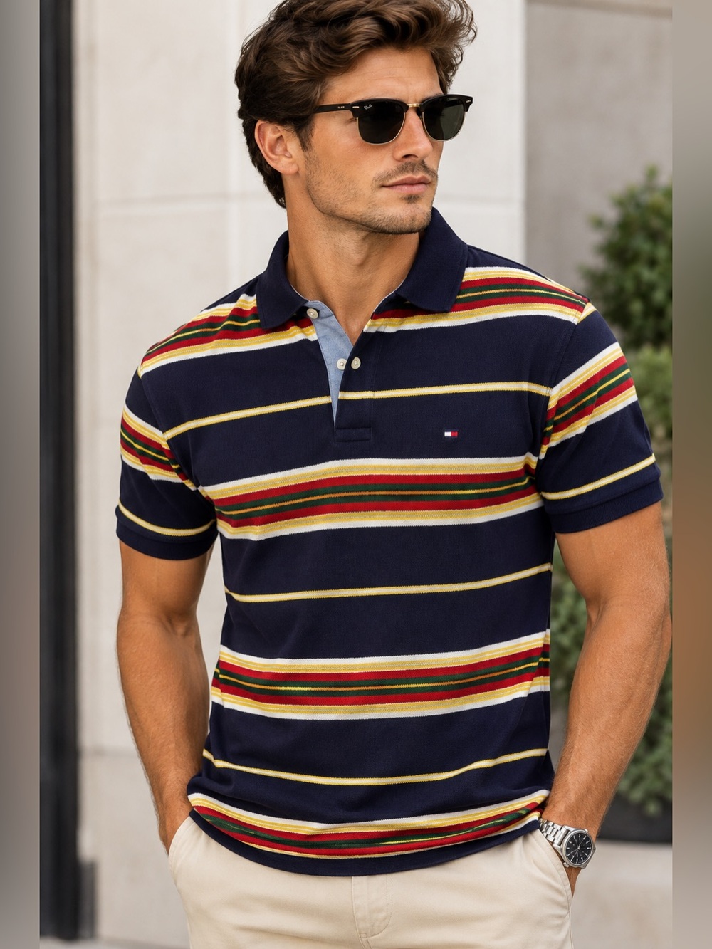 Tommy Hilfiger Navy Multicolor Striped Polo Shirt Men’s Short Sleeve Small